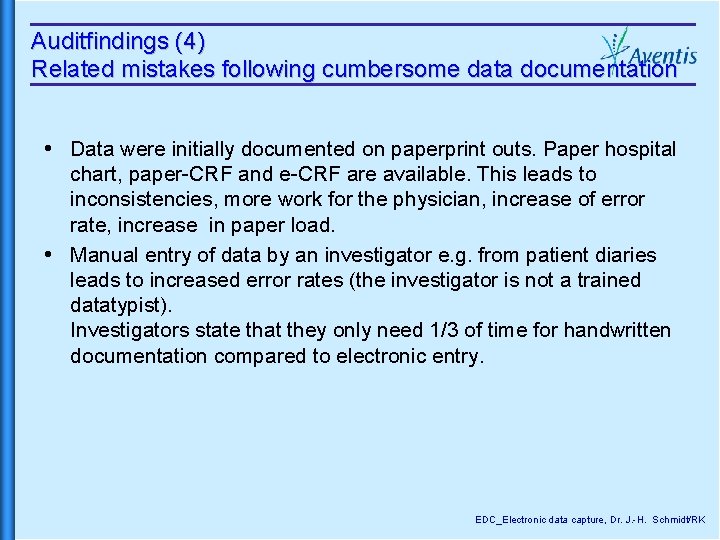 Auditfindings (4) Related mistakes following cumbersome data documentation Data were initially documented on paperprint