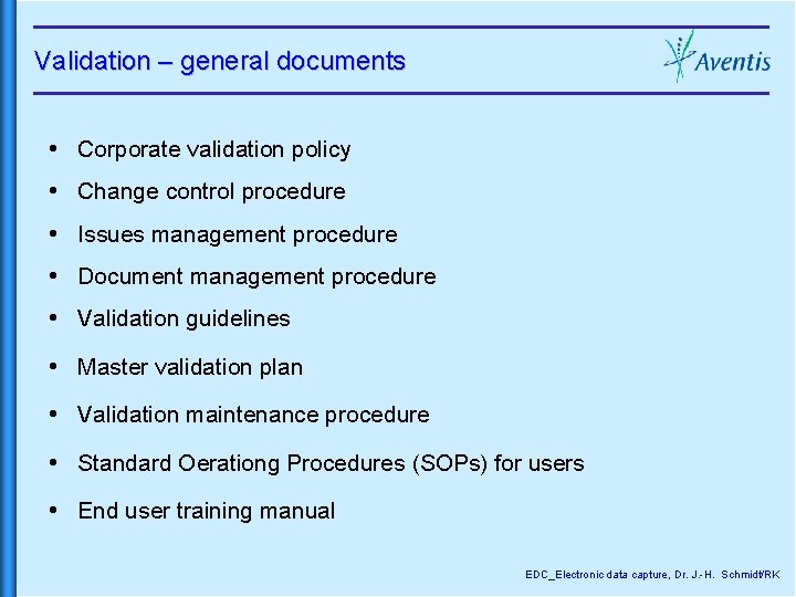 Validation – general documents Corporate validation policy Change control procedure Issues management procedure Document