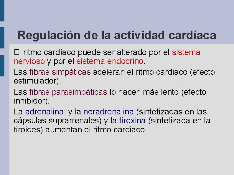 Regulación de la actividad cardíaca El ritmo cardíaco puede ser alterado por el sistema