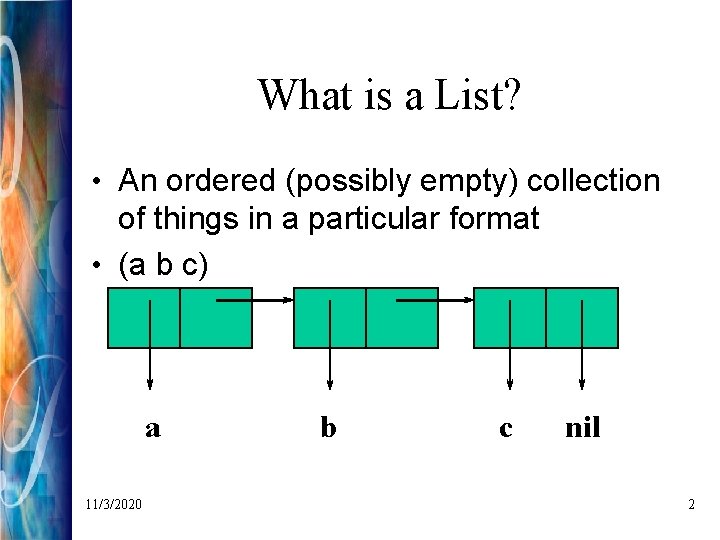 What is a List? • An ordered (possibly empty) collection of things in a