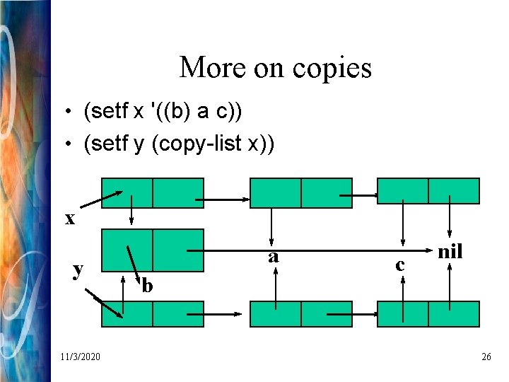 More on copies • (setf x '((b) a c)) • (setf y (copy-list x))
