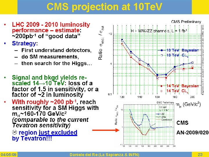 CMS projection at 10 Te. V 04/05/09 Daniele del Re (La Sapienza & INFN)