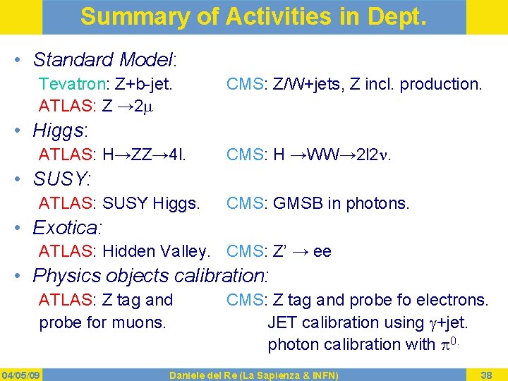 Summary of Activities in Dept. • Standard Model: Tevatron: Z+b-jet. ATLAS: Z → 2