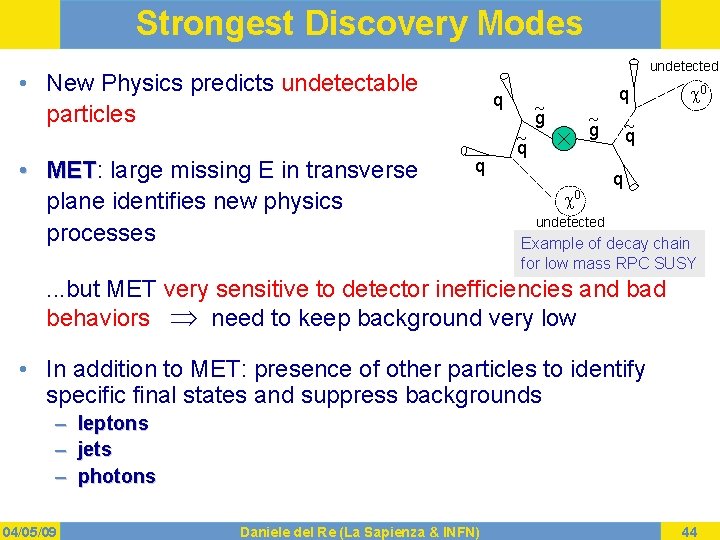 Strongest Discovery Modes undetected • New Physics predicts undetectable particles • MET: MET large
