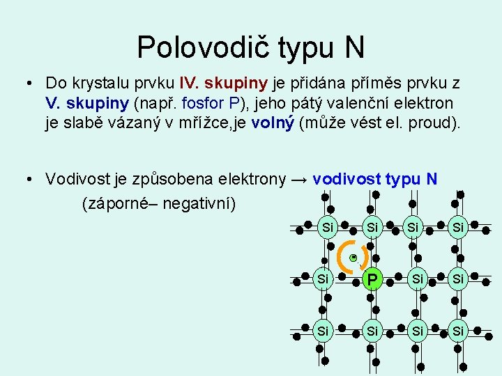 Polovodič typu N • Do krystalu prvku IV. skupiny je přidána příměs prvku z