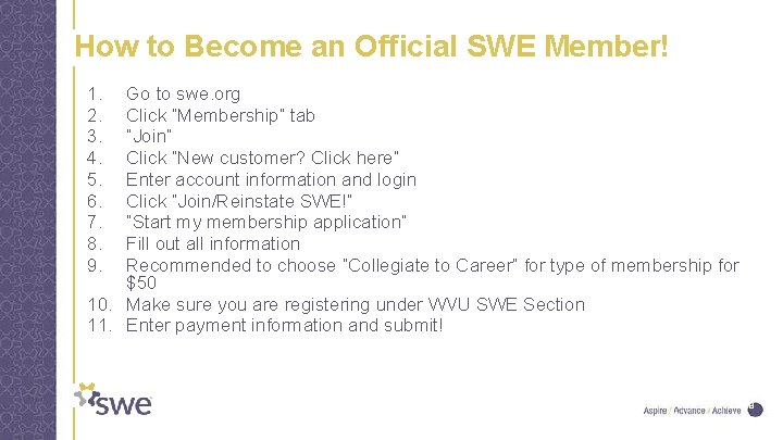 How to Become an Official SWE Member! 1. 2. 3. 4. 5. 6. 7.