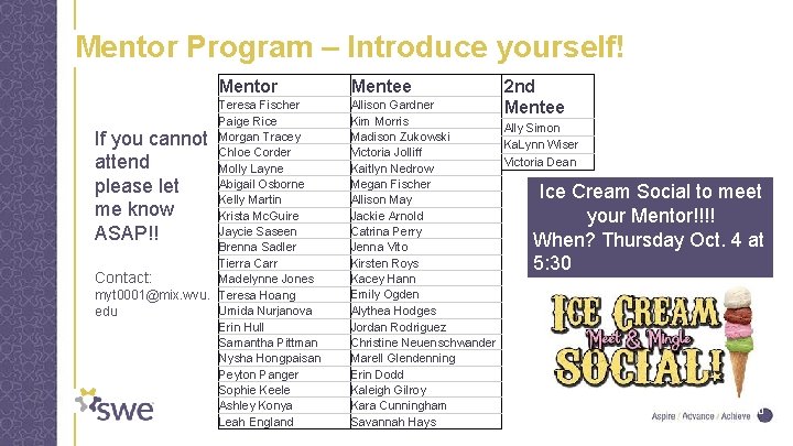 Mentor Program – Introduce yourself! Mentor Teresa Fischer Paige Rice Morgan Tracey Chloe Corder