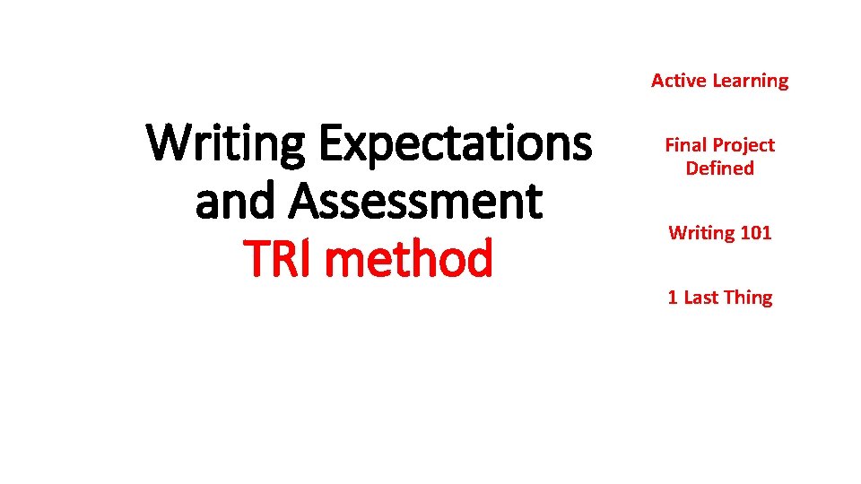 Active Learning Writing Expectations and Assessment TRI method Final Project Defined Writing 101 1