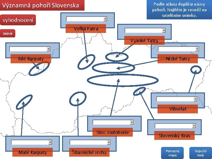 Významná pohoří Slovenska Podle atlasu doplňte názvy pohoří. Najděte je rovněž na satelitním snímku.