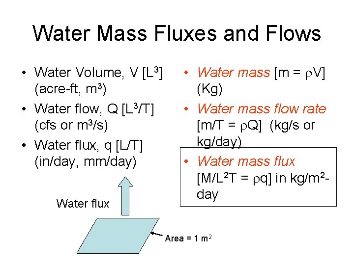 Water Mass Fluxes and Flows • Water Volume, V [L 3] (acre-ft, m 3)