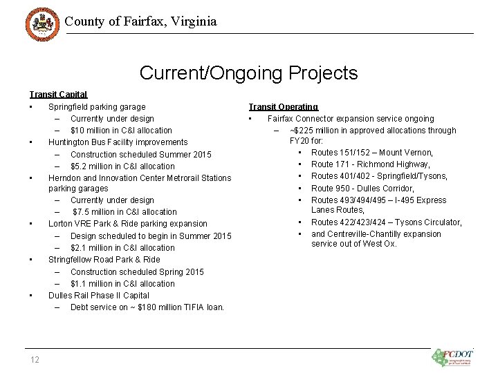 County of Fairfax, Virginia Current/Ongoing Projects Transit Capital • Springfield parking garage – Currently