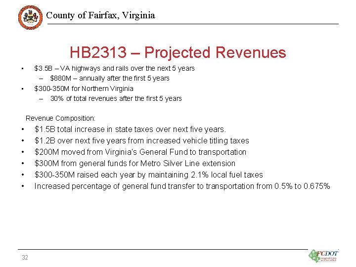 County of Fairfax, Virginia HB 2313 – Projected Revenues • $3. 5 B –