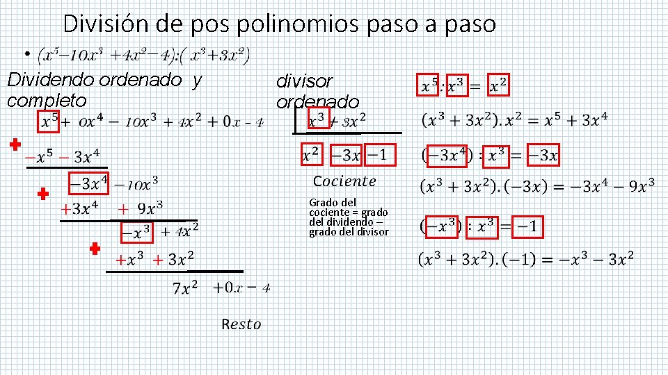 División de pos polinomios paso a paso • Dividendo ordenado y completo • divisor