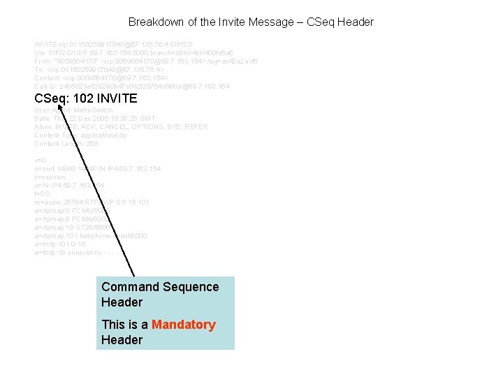 Breakdown of the Invite Message – CSeq Header INVITE sip: 01150259917040@67. 135. 76. 4