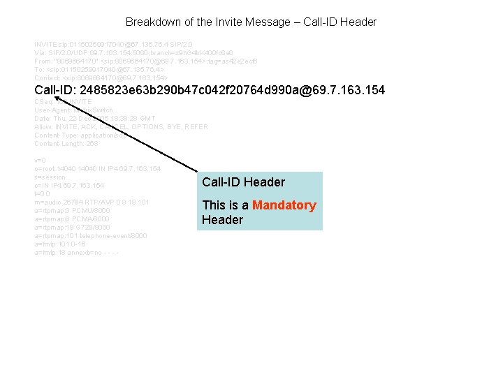 Breakdown of the Invite Message – Call-ID Header INVITE sip: 01150259917040@67. 135. 76. 4