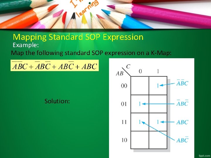 Mapping Standard SOP Expression Example: Map the following standard SOP expression on a K-Map: