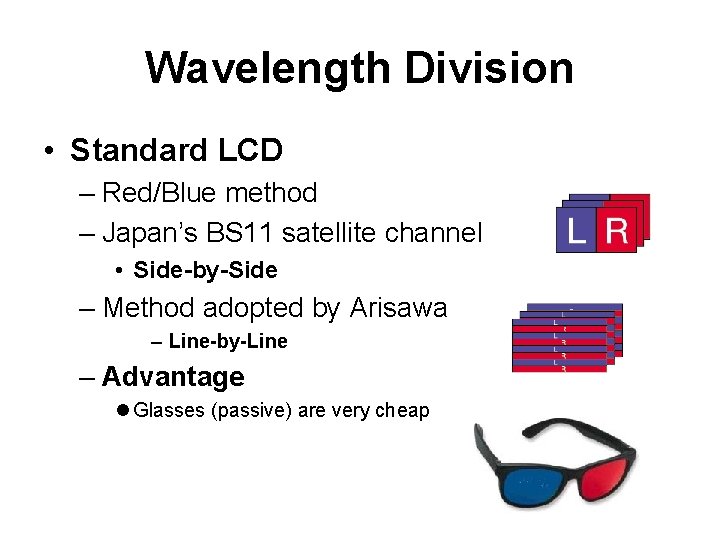 Wavelength Division • Standard LCD – Red/Blue method – Japan’s BS 11 satellite channel