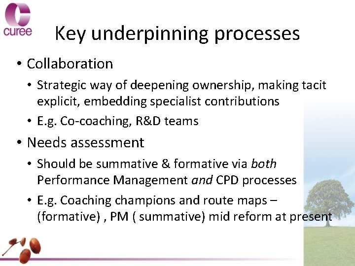 Key underpinning processes • Collaboration • Strategic way of deepening ownership, making tacit explicit,