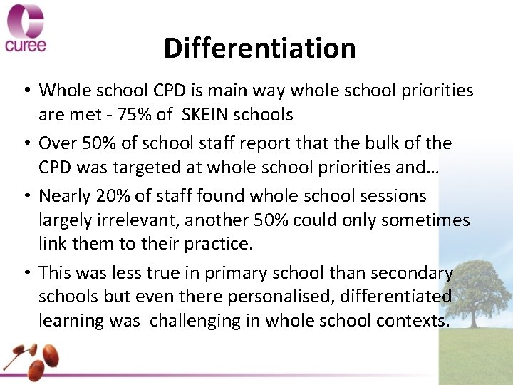 Differentiation • Whole school CPD is main way whole school priorities are met -