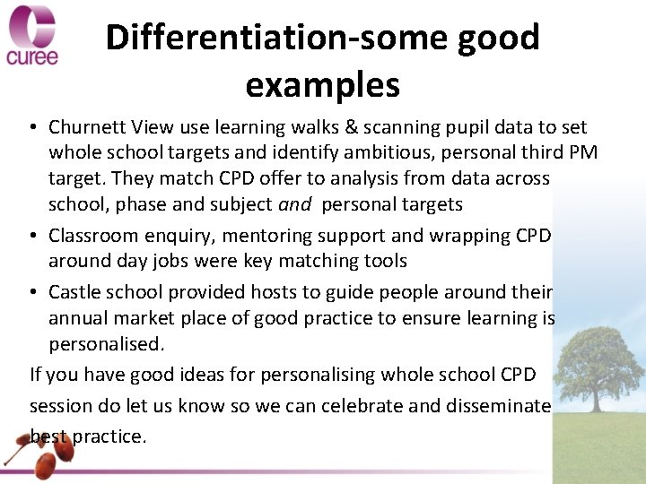 Differentiation-some good examples • Churnett View use learning walks & scanning pupil data to