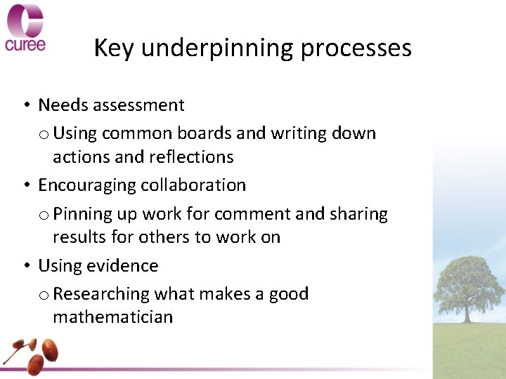 Key underpinning processes • Needs assessment o Using common boards and writing down actions