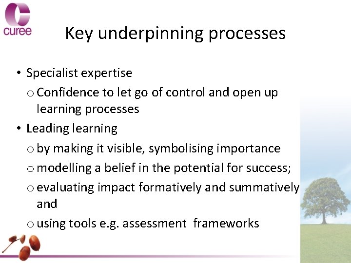 Key underpinning processes • Specialist expertise o Confidence to let go of control and