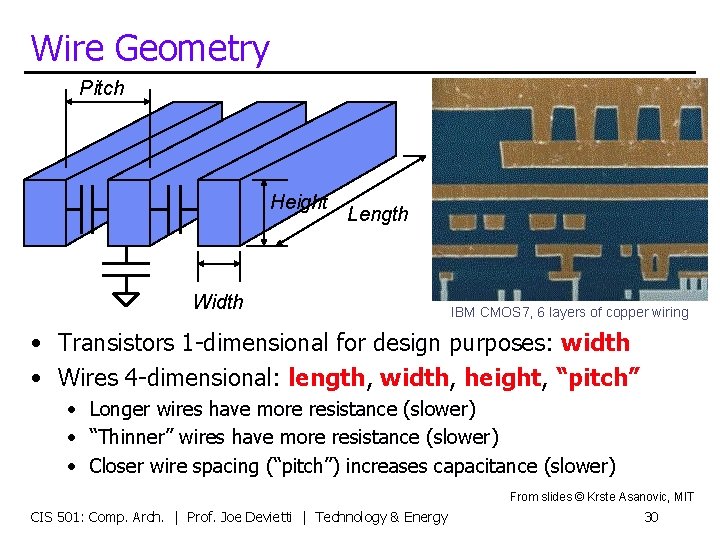 Wire Geometry Pitch Height Length Width IBM CMOS 7, 6 layers of copper wiring