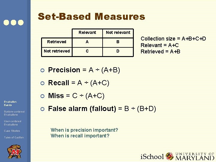 Set-Based Measures Evaluation Basics System-centered Evaluations Relevant Not relevant Retrieved A B Not retrieved
