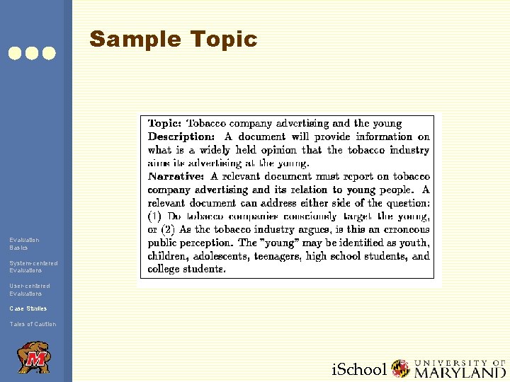 Sample Topic Evaluation Basics System-centered Evaluations User-centered Evaluations Case Studies Tales of Caution i.