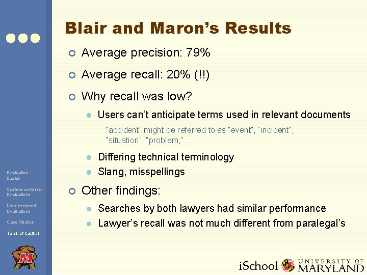 Blair and Maron’s Results ¢ Average precision: 79% ¢ Average recall: 20% (!!) ¢