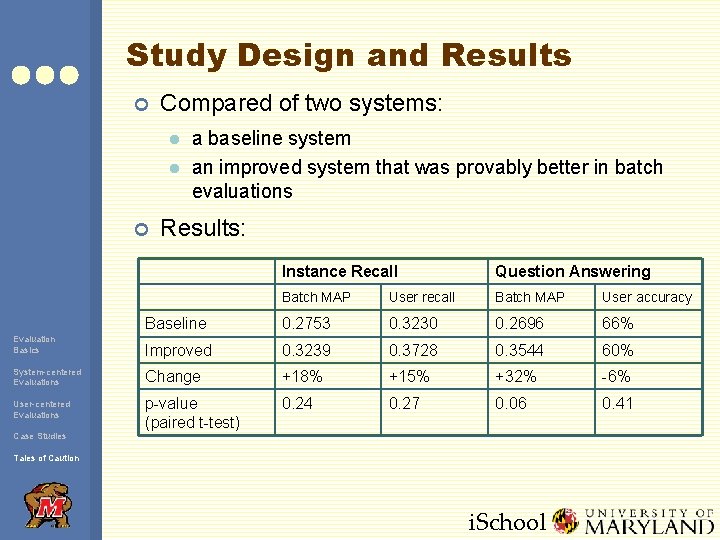 Study Design and Results ¢ Compared of two systems: l l ¢ a baseline