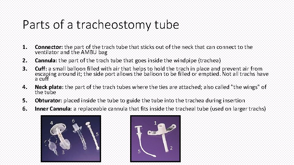 Parts of a tracheostomy tube 1. 2. 3. 4. 5. 6. Connector: the part