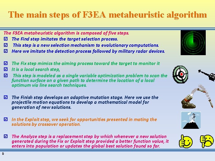 The main steps of F 3 EA metaheuristic algorithm The F 3 EA metaheuristic