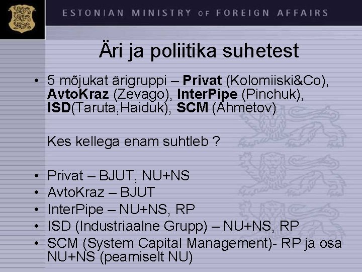  Äri ja poliitika suhetest • 5 mõjukat ärigruppi – Privat (Kolomiiski&Co), Avto. Kraz