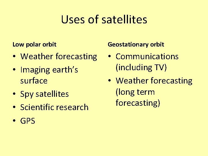 Uses of satellites Low polar orbit Geostationary orbit • Weather forecasting • Imaging earth’s Uses of satellites Low polar orbit Geostationary orbit • Weather forecasting • Imaging earth’s
