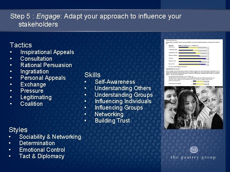 Step 5 : Engage: Adapt your approach to influence your stakeholders Tactics • •