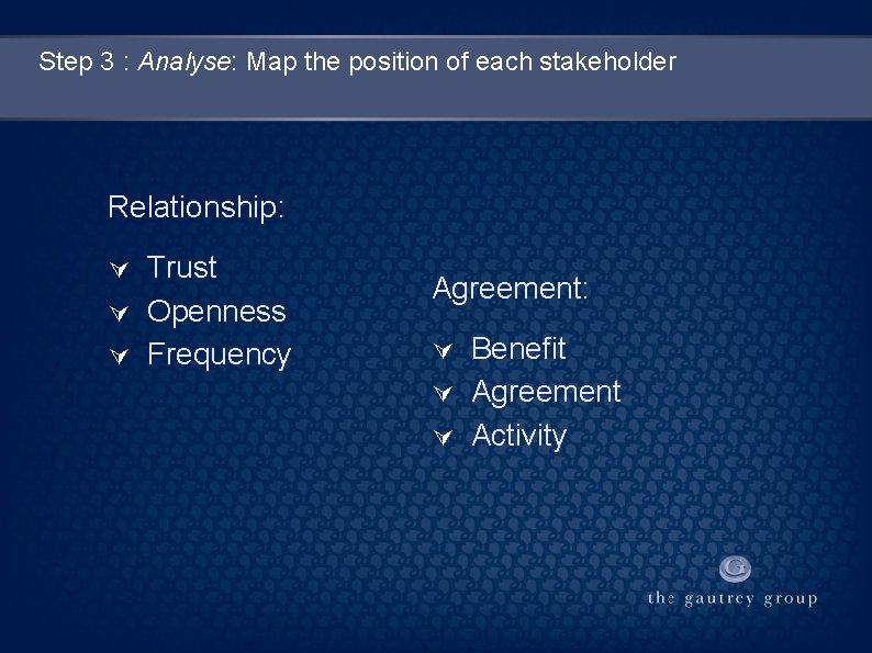 Step 3 : Analyse: Map the position of each stakeholder Relationship: Trust Openness Frequency
