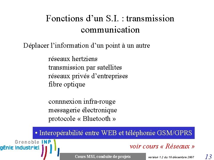 Fonctions d’un S. I. : transmission communication Déplacer l’information d’un point à un autre