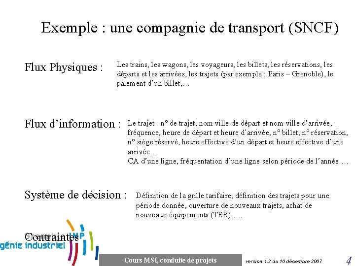 Exemple : une compagnie de transport (SNCF) Flux Physiques : Les trains, les wagons,