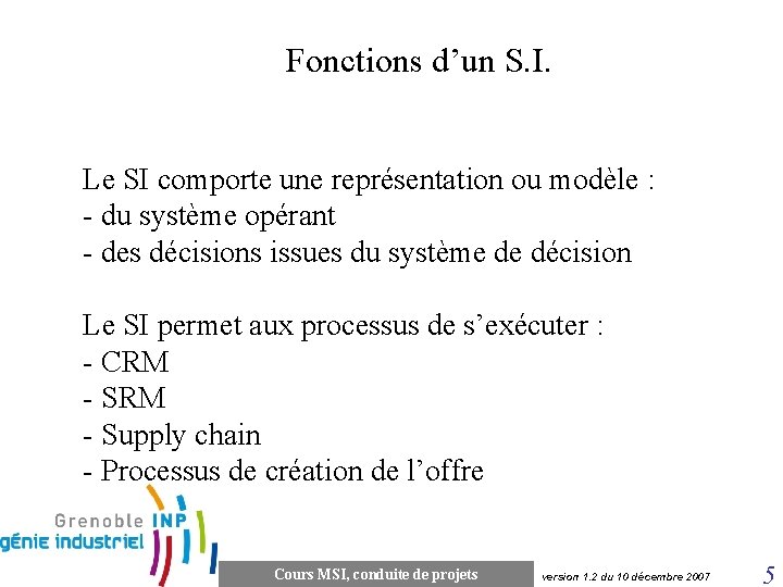 Fonctions d’un S. I. Le SI comporte une représentation ou modèle : - du