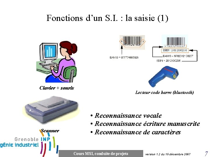 Fonctions d’un S. I. : la saisie (1) Clavier + souris Scanner Lecteur code