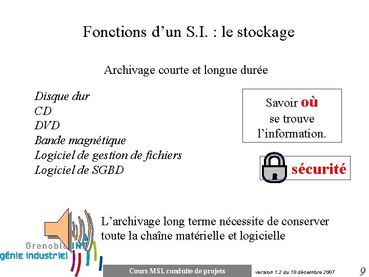 Fonctions d’un S. I. : le stockage Archivage courte et longue durée Disque dur