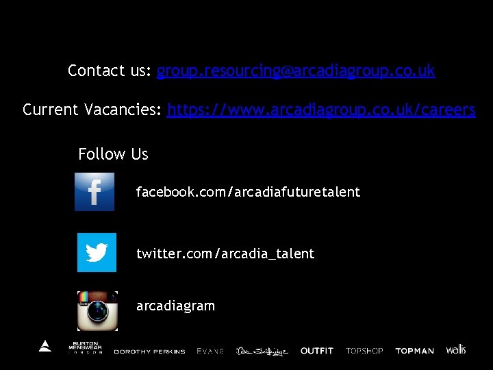 Contact us: group. resourcing@arcadiagroup. co. uk Current Vacancies: https: //www. arcadiagroup. co. uk/careers Follow