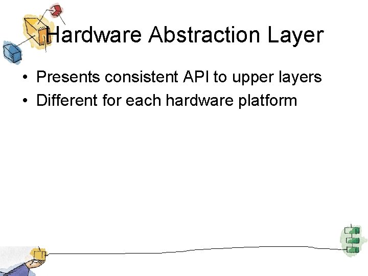 Hardware Abstraction Layer • Presents consistent API to upper layers • Different for each