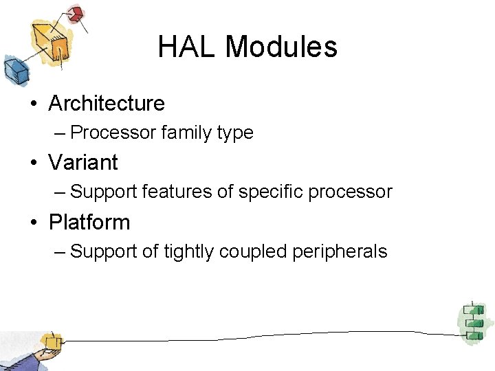 HAL Modules • Architecture – Processor family type • Variant – Support features of