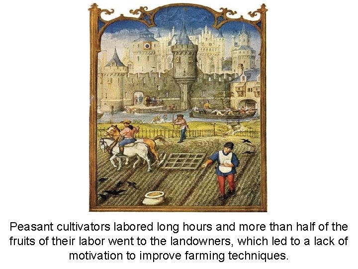 Peasant cultivators labored long hours and more than half of the fruits of their