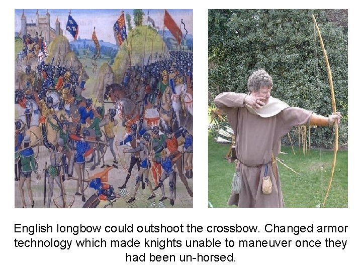 English longbow could outshoot the crossbow. Changed armor technology which made knights unable to