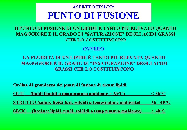 ASPETTO FISICO: PUNTO DI FUSIONE Il PUNTO DI FUSIONE DI UN LIPIDE È TANTO