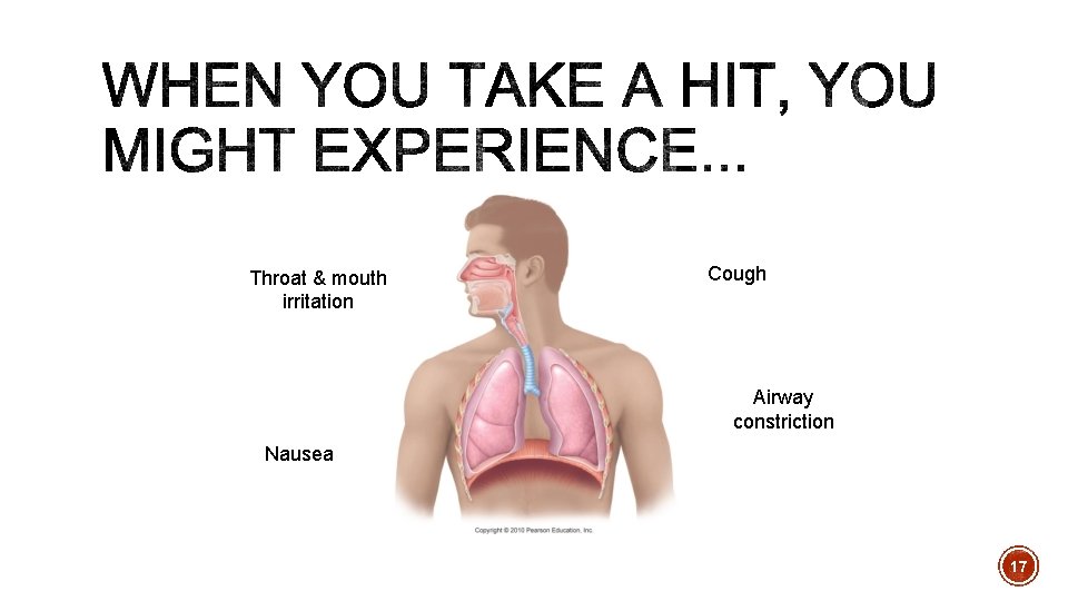 Throat & mouth irritation Cough Airway constriction Nausea 17 