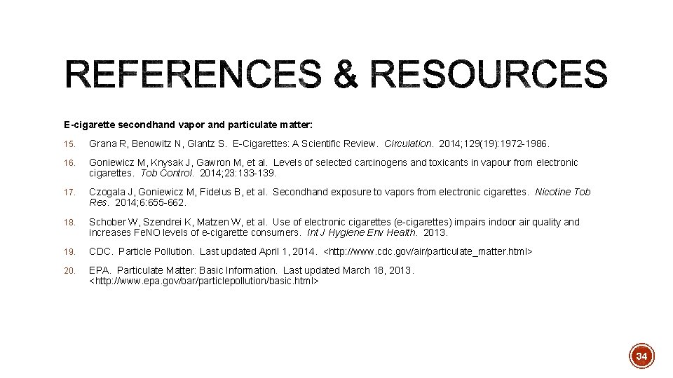 E-cigarette secondhand vapor and particulate matter: 15. Grana R, Benowitz N, Glantz S. E-Cigarettes: